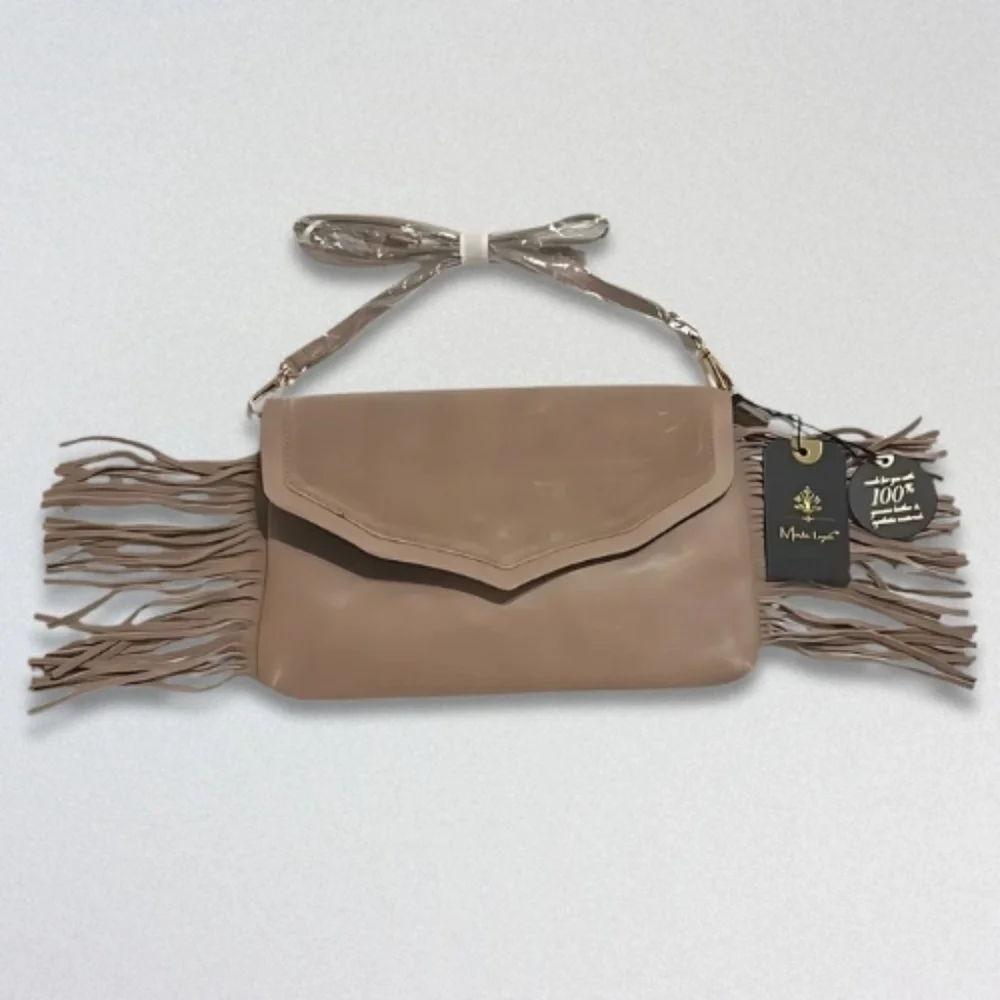 Moda Luxe “Natural Solstice” Taupe Suede & Faux-Leather Fringe Crossbody Bag NWT